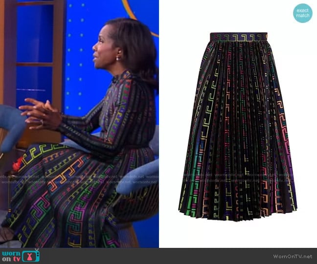 Neon Greco Print Pleated Skirt by Versace worn by Deborah Roberts on Good Morning America