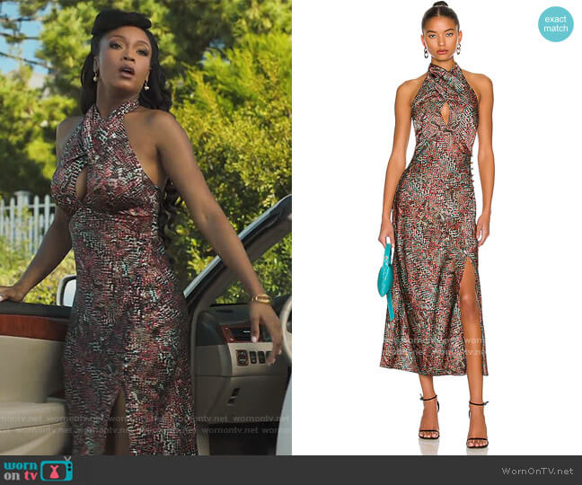 Aline Cross Over Halter Midi Dress with Side Gather by Nicholas worn by Angela Vaughn (Yaya DaCosta) on Our Kind of People