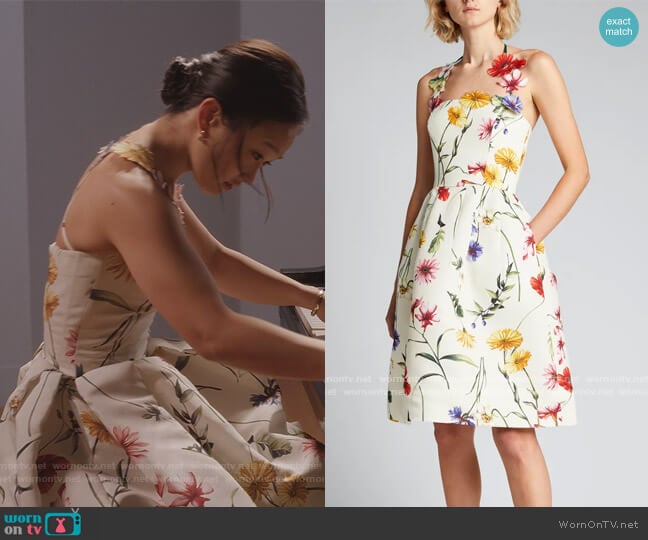 Floral-Applique Halter-Neck Dress by Oscar De La Renta worn by Cathy Ang on And Just Like That