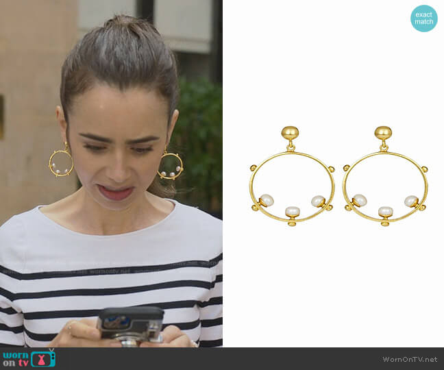 Aristea Pearl and Gold Bead Hoop Earrings by Ottoman Hands worn by Emily Cooper (Lily Collins) on Emily in Paris