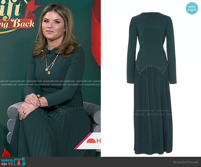 Pleated Bead-embellished Crepe Dress In Green by Lela Rose worn by Jenna Bush Hager on Today