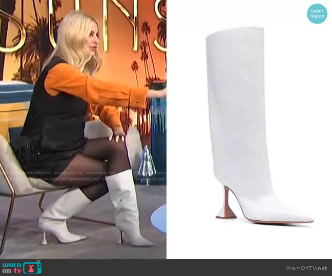 Pointed-Toe Leather Boots by Amina Muaddi worn by Morgan Stewart  on E! News