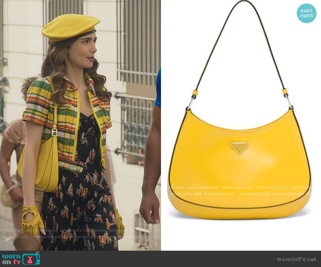 Cleo brushed leather shoulder bag by Prada worn by Emily Cooper (Lily Collins) on Emily in Paris