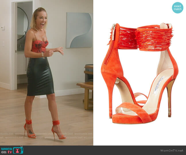 Red Sandra Feathered Ankle Cuff Sandals by Oscar de la Renta worn by Mary Fitzgerald  on Selling Sunset