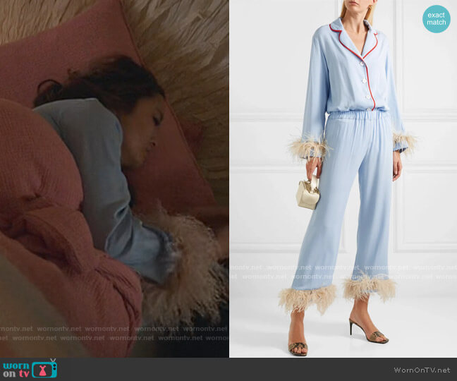 Feather Trim Crepe de Chine Pajama Set by Sleeper worn by Mindy Chen (Ashley Park) on Emily in Paris