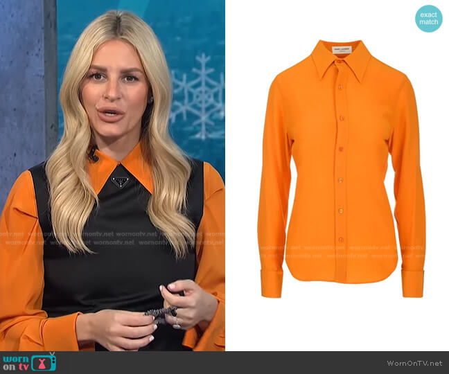 WornOnTV: Morgan’s orange shirt and Prada black dress on E! News Daily ...