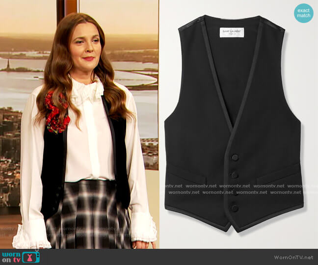 Cropped grain de poudre wool and silk-satin vest by Saint Laurent worn by Drew Barrymore  on The Drew Barrymore Show