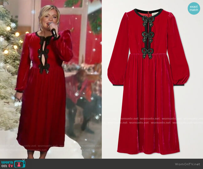 Camille bow-embellished velvet midi dress by Saloni worn by Lauren Alaina at The Talk