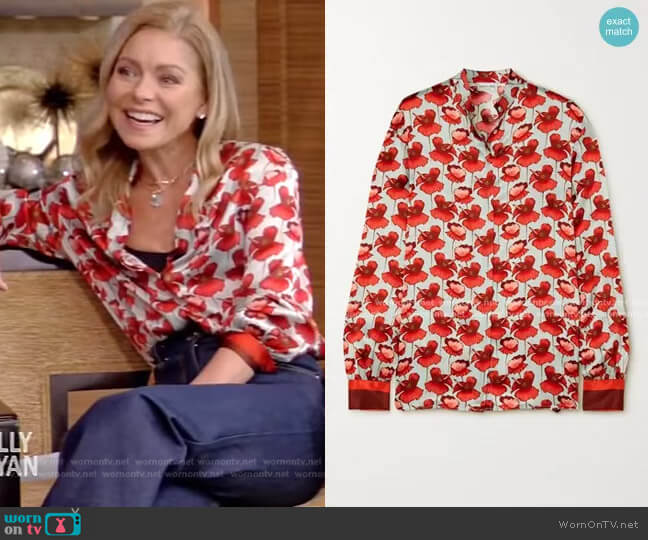 Savannah Floral-Print Silk-Satin Blouse by Raquel Diniz worn by Kelly Ripa on Live with Kelly and Mark