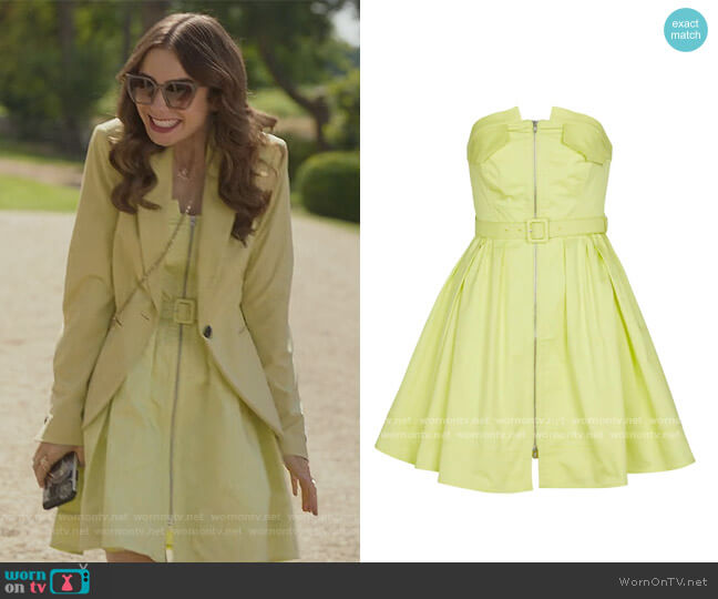 Organic cotton strapless minidress by Self Portrait worn by Emily Cooper (Lily Collins) on Emily in Paris