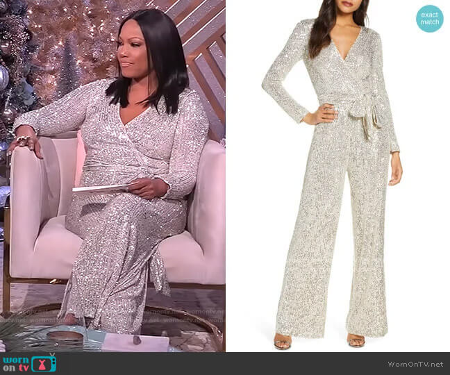 Sequin Wrap Front Long Sleeve Jumpsuit by Eliza J worn by Garcelle Beauvais  on The Real