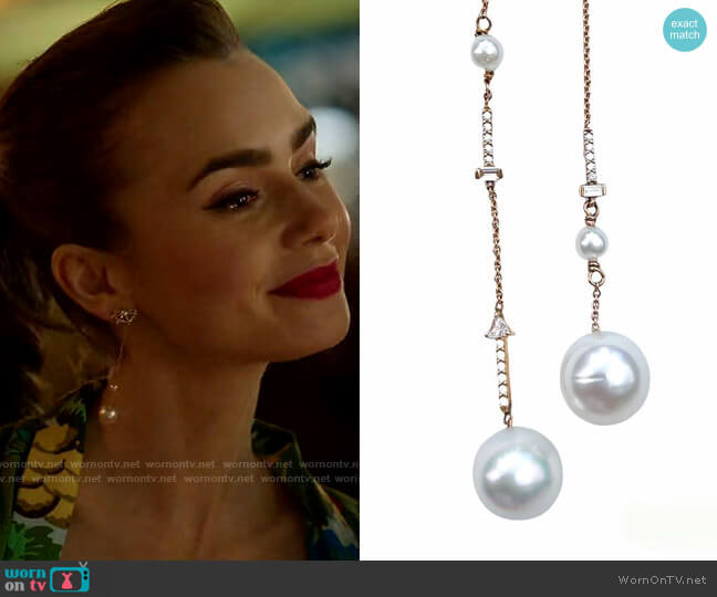 Tana Chung Jewelry Diamond and Pearl Earrings worn by Emily Cooper (Lily Collins) on Emily in Paris