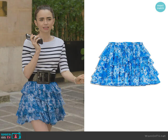 Flowing Floral Print Frilly Skirt by The Kooples worn by Emily Cooper (Lily Collins) on Emily in Paris