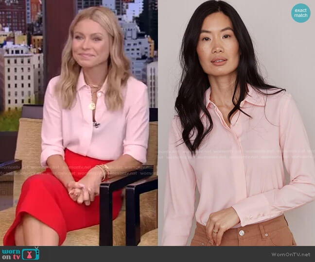 The Simone Button-Up Blouse in Pink by Numi worn by Kelly Ripa on Live with Kelly and Ryan