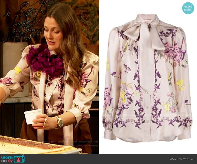 Silk Blouse with pussy bow detail by Tory Burch worn by Drew Barrymore on The Drew Barrymore Show