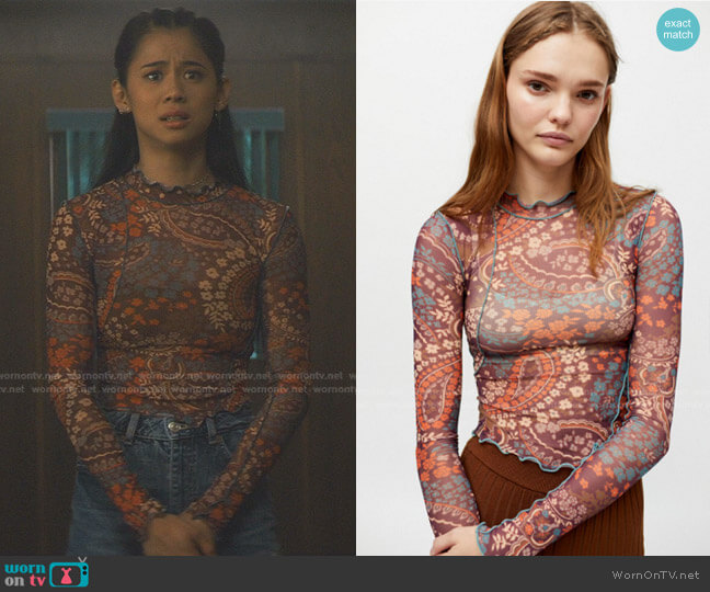 Cairo Mesh Mock Neck Top by Urban Outfitters worn by George Fan (Leah Lewis) on Nancy Drew
