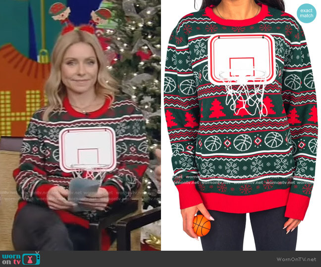 Basketball Net 3D Ugly Christmas Sweater by Ugly Christmas Sweater worn by Kelly Ripa  on Live with Kelly & Ryan