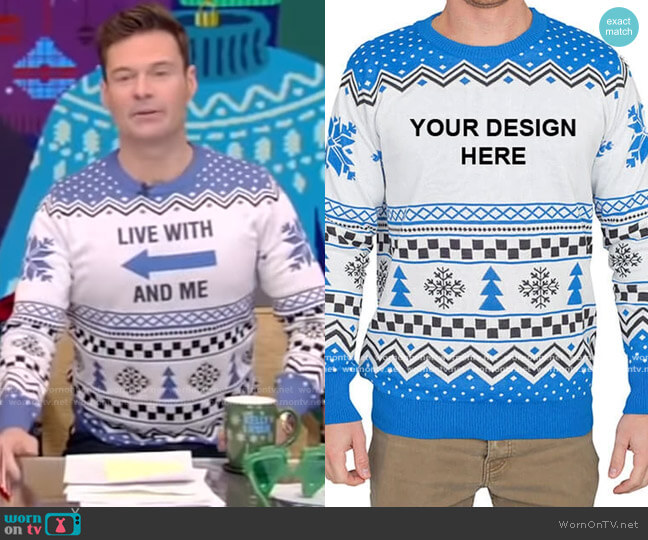 Custom Poly-Knit Logo Christmas Sweater by Ugly Christmas Sweater worn by Ryan Seacrest on Live with Kelly and Ryan