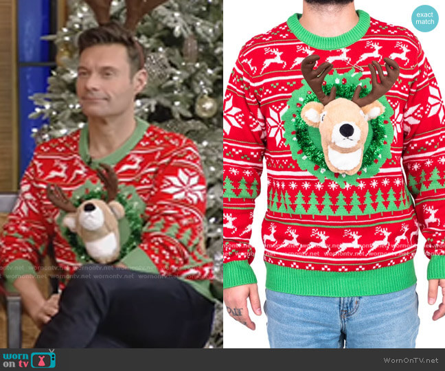 Reindeer Trophy Head 3D LED Sweater by Ugly Christmas Sweater worn by Ryan Seacrest on Live with Kelly and Ryan