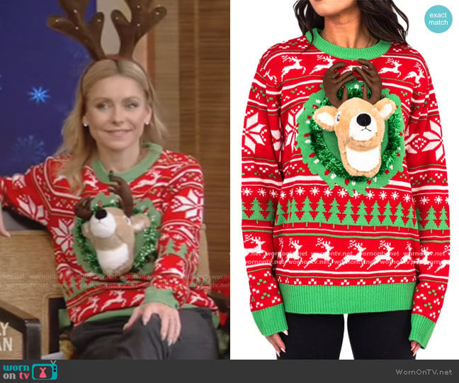 Reindeer Trophy Head 3D LED Sweater by Ugly Christmas Sweater worn by Kelly Ripa on Live with Kelly and Mark