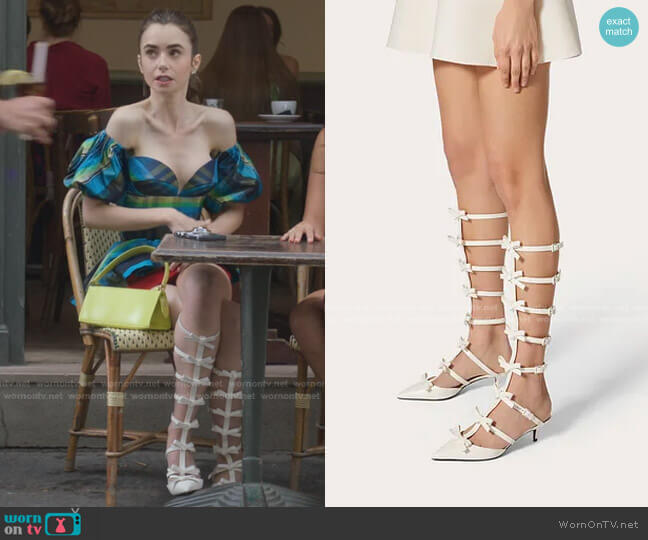 Ankle Strap Pump with Kidskin French Bows by Valentino worn by Emily Cooper (Lily Collins) on Emily in Paris