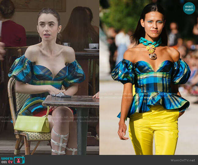 Beatrice Top by Vassilis Zoulias worn by Emily Cooper (Lily Collins) on Emily in Paris