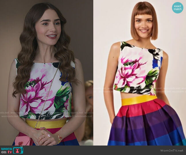 Spring Floral Top by Vassilis Zoulias worn by Emily Cooper (Lily Collins) on Emily in Paris