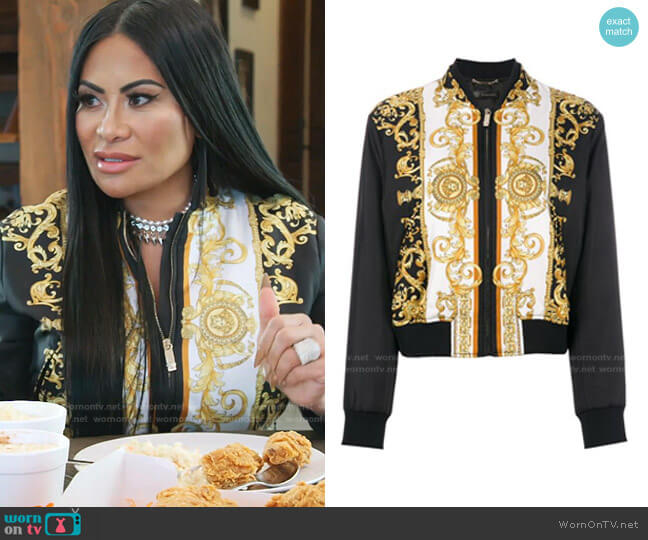 Medusa Printed Bomber Jacket by Versace worn by Jen Shah  on The Real Housewives of Salt Lake City