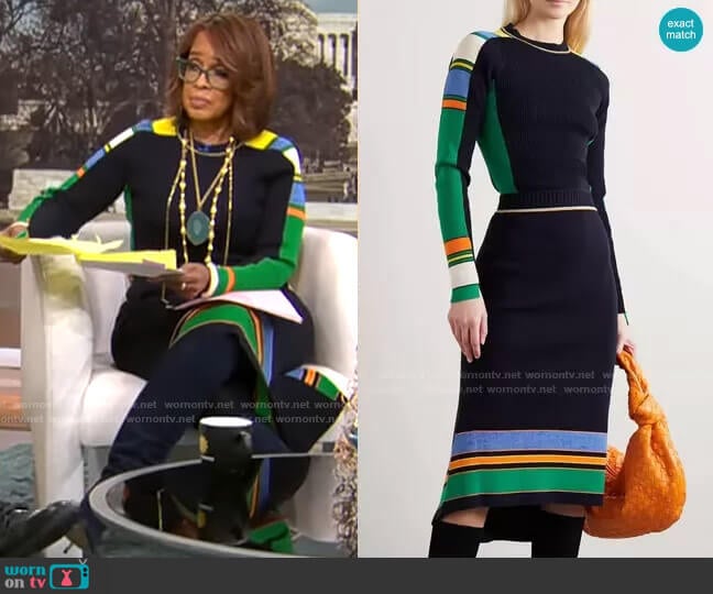 Victoria Beckham Stripe Ribbed Sweater and Skirt worn by Gayle King on CBS Mornings