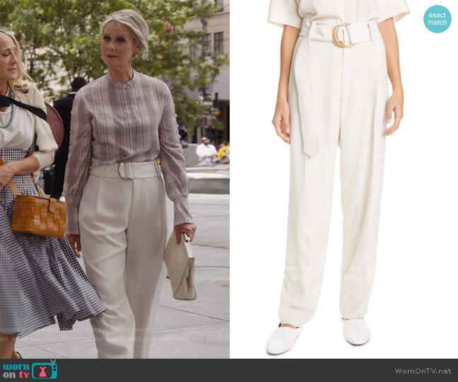 Belted Tapered Trousers by Vince worn by Miranda Hobbs (Cynthia Nixon) on And Just Like That