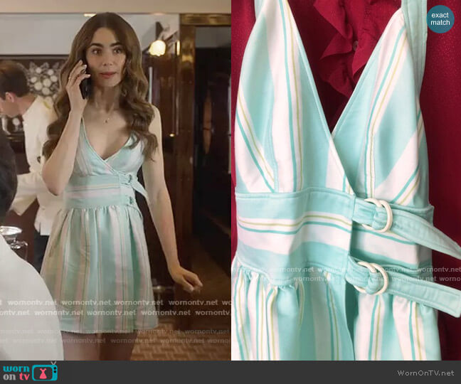 Vintage Blue Stripe Dress by Courreges worn by Emily Cooper (Lily Collins) on Emily in Paris