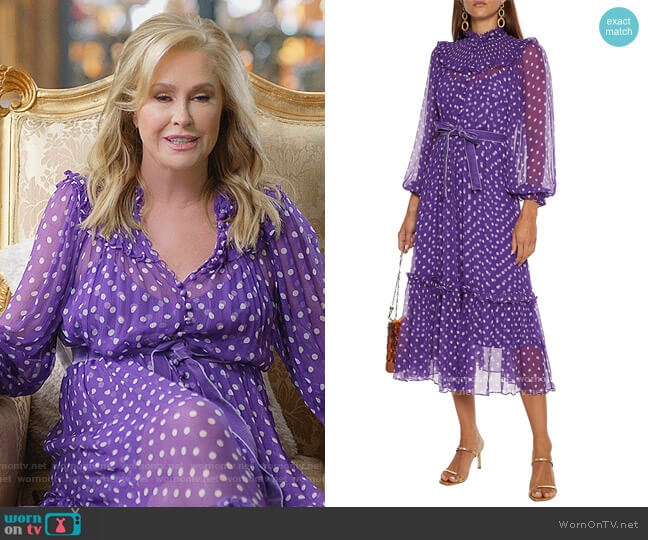 Belted ruffle-trimmed polka-dot silk-crepon midi dress by Zimmermann worn by Kathy Hilton  on Paris in Love