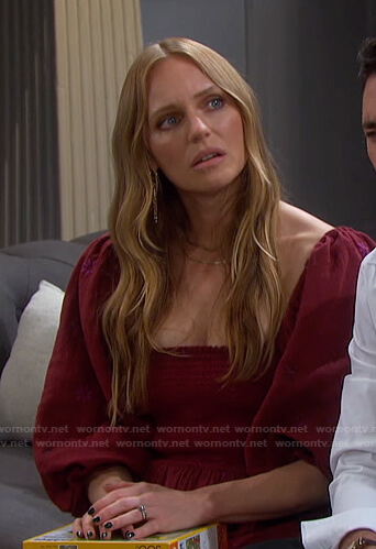 Abigail’s red smocked square neck dress on Days of our Lives
