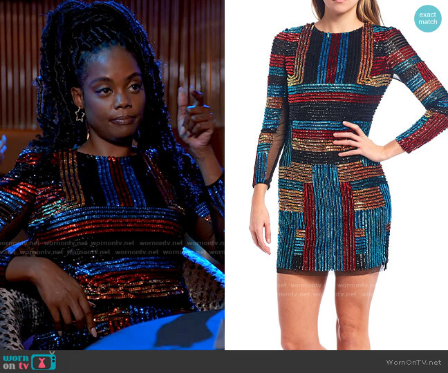 Aidan Mattox Long Sleeve Beaded Striped Mesh Mini Sheath Dress worn by Sabrina Hollins (Novi Brown) on Tyler Perrys Sistas