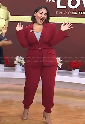 Alejandra’s red smocked waist blazer and pants on Today