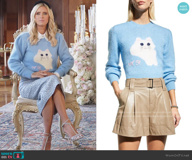 Alessandra Rich Wool Cat Intarsia Cropped Sweater in Light Blue