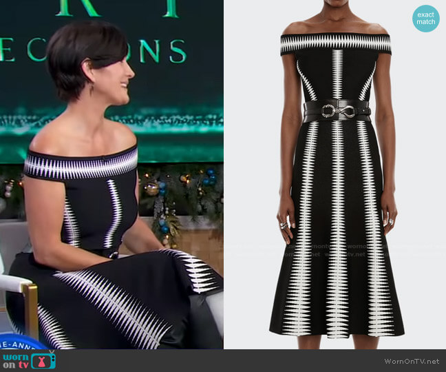 Zigzag Striped Off-The-Shoulder Midi Dress by Alexander McQueen worn on Carrie-Anne Moss on GMA