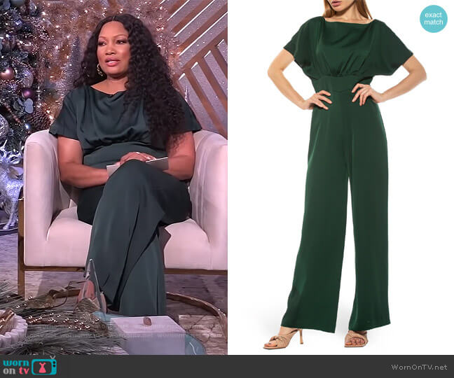 Boatneck Short Sleeve Wide Leg Satin Jumpsuit by Alexia Admor worn by Garcelle Beauvais on The Real