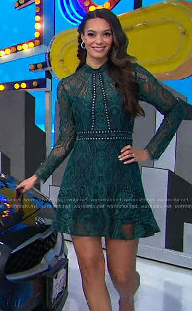 Alexis’s green studded lace dress on The Price is Right