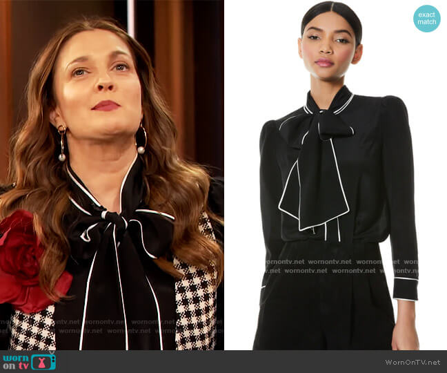 Jeannie Bow Collar Button Down Blouse by Alice + Olivia worn by Drew Barrymore  on The Drew Barrymore Show
