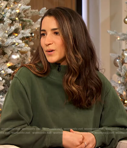 Aly Raisman’s green mock neck sweater on The Drew Barrymore Show
