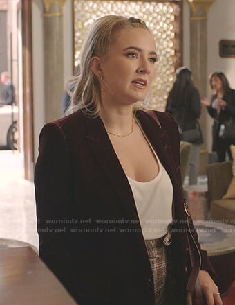 Amanda's brown velvet blazer and plaid mini skirt on Dynasty