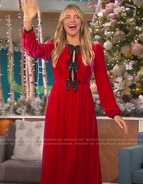 Amanda’s red velvet dress with bows on The Talk