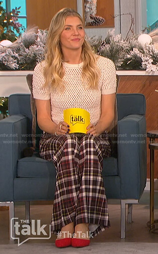 Amanda’s white pearl crochet top and plaid pants on The Talk