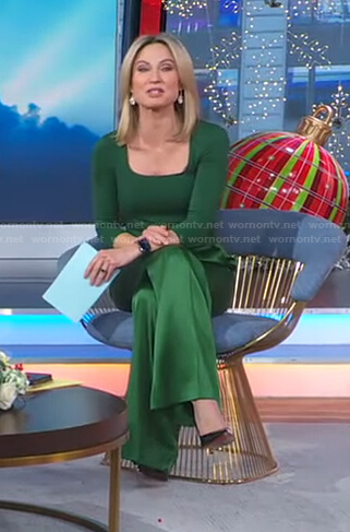 Amy’s green top and wide leg pants on Good Morning America