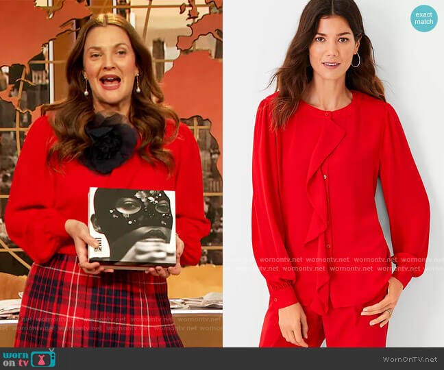 Draped Mixed Media Blouse by Ann Taylor worn by The Drew Barrymore Show (CBS) on Uncategorized