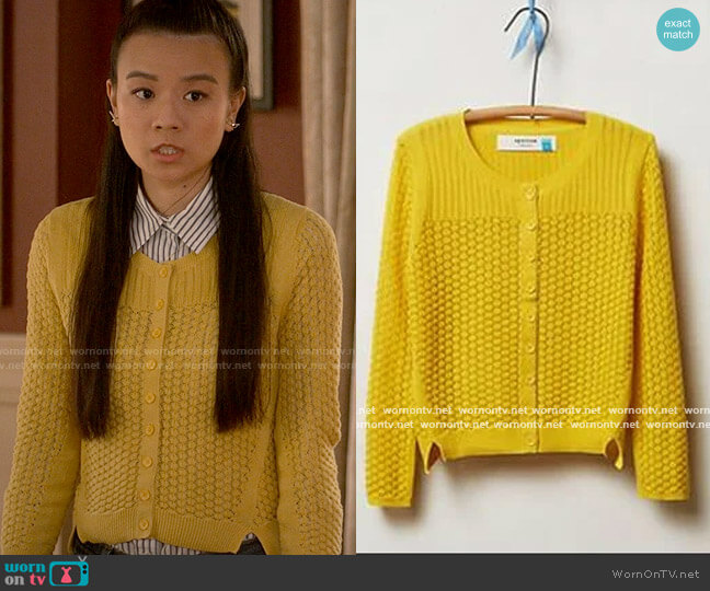 Anthropologie Pointelle Cable Cardigan in Gold worn by Evangeline on The Sex Lives of College Girls