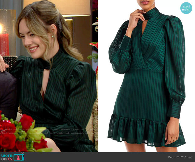 Aqua Tonal Stripe Keyhole Ruffle Hem Dress worn by Hope Logan (Annika Noelle) on The Bold and the Beautiful