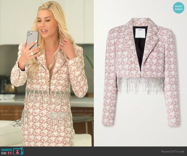 Cropped Crystal-embellished Metallic Houndstooth Tweed Blazer by Area worn by Heather Rae Young on Selling Sunset