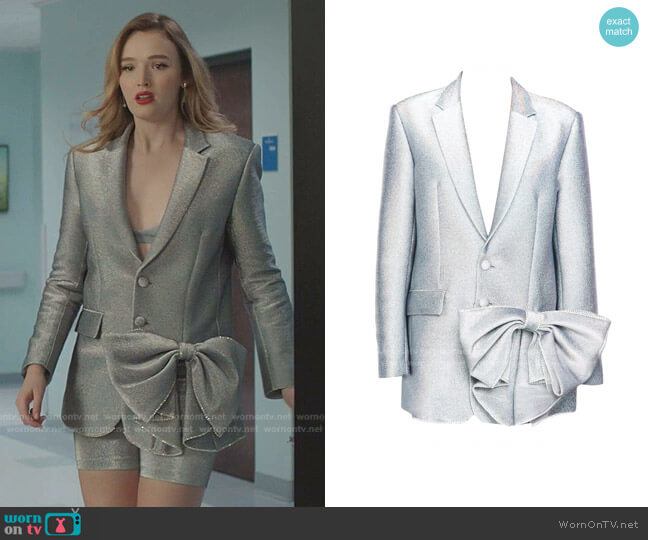Silver Hologram Crystal Bow Blazer by Area worn by Kirby Anders (Maddison Brown) on Dynasty